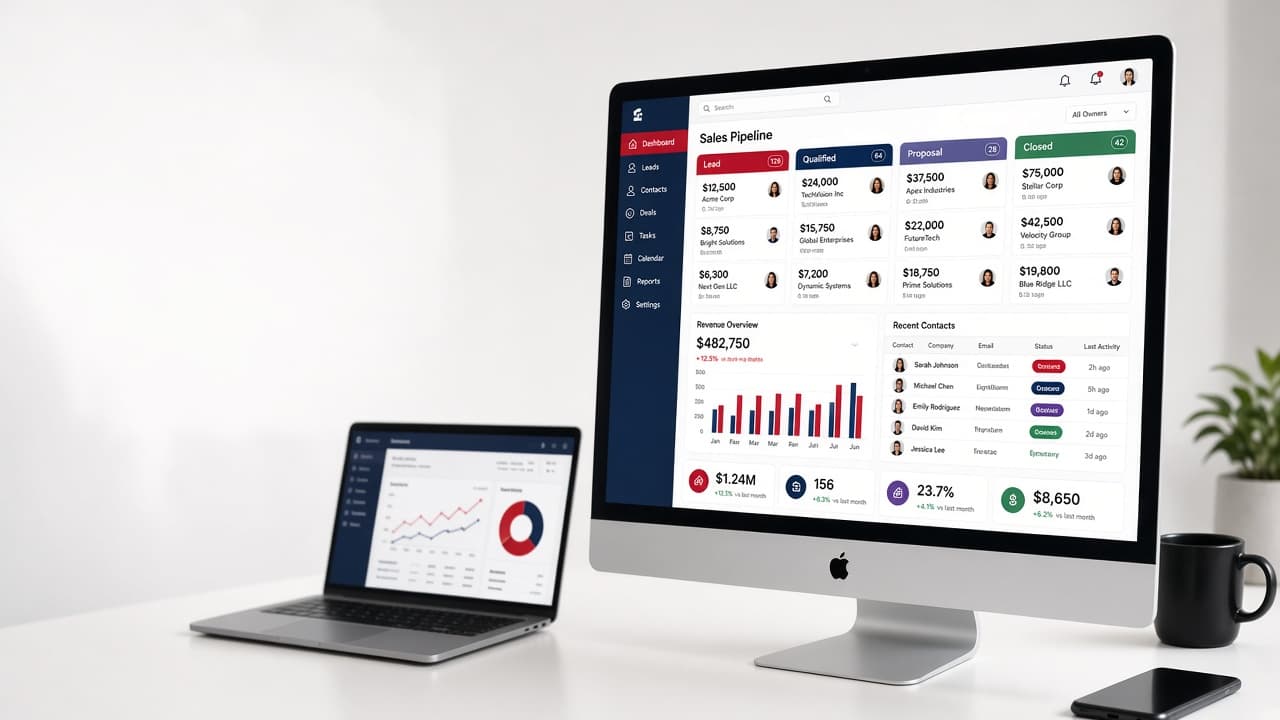 CRM dashboard on a studio monitor — sales pipeline and revenue analytics