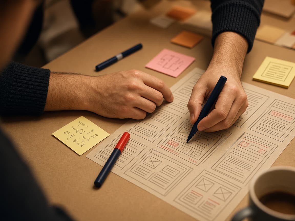 Hands crafting wireframes and sticky notes in the studio