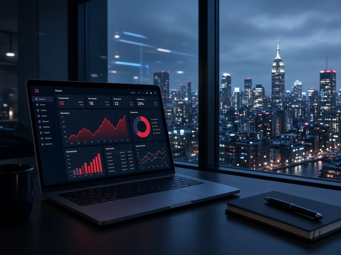 Growth analytics on a laptop against a city skyline