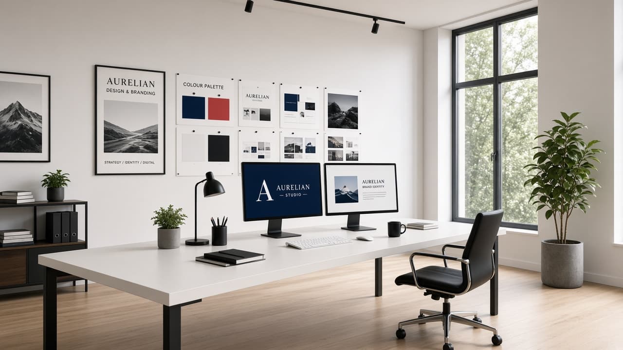 Dominant Media Agency studio with dual monitors and brand boards